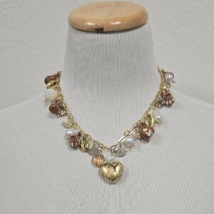 Gold Plated, Heart Charm Necklace with Brown and Pearl Accents